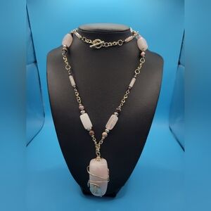 Handmade Long Light Pink Rose Quartz Wire Wrapped Necklace